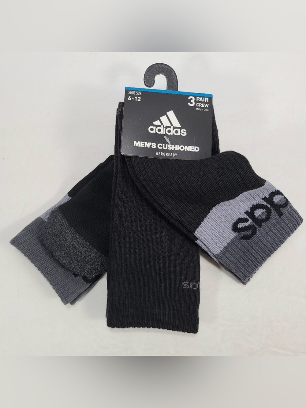 Adidas Black Gray Cushioned Aeroready Crew Socks 3 pack Men Size 6-12
